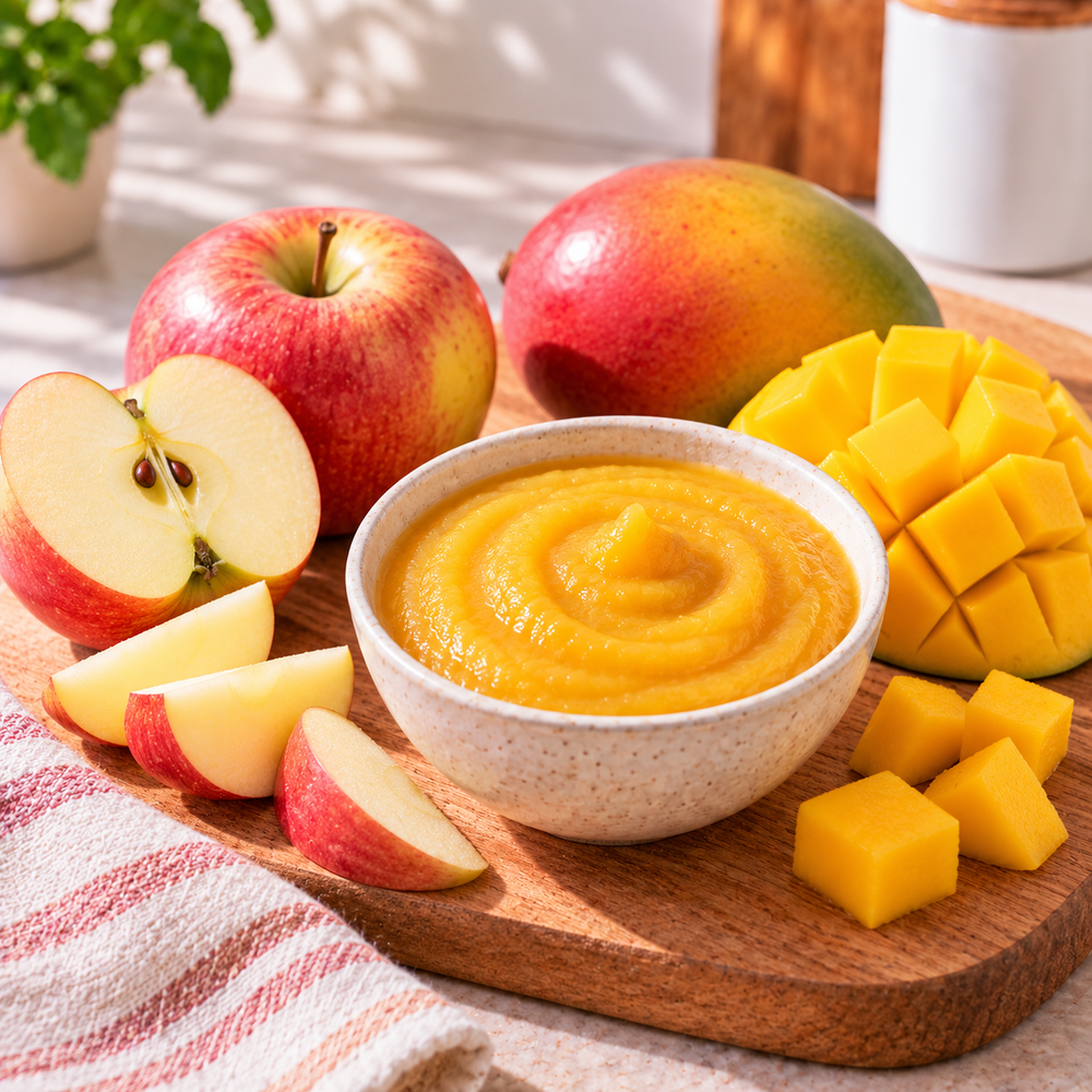 Zelfgemaakt appel en mango fruithapje voor een knijpzakje van Heppiekids