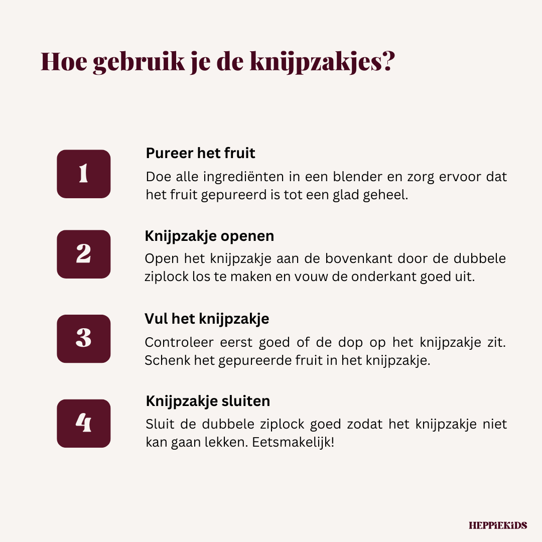Uitleg voor het gebruiken van de herbruikbare Heppiekids knijpzakjes