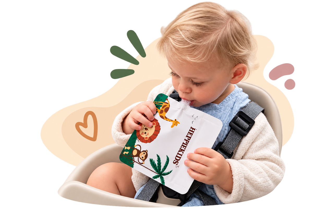 Baby met een herbruikbaar Heppiekids knijpzakje voor zelfgemaakte babyhapjes.