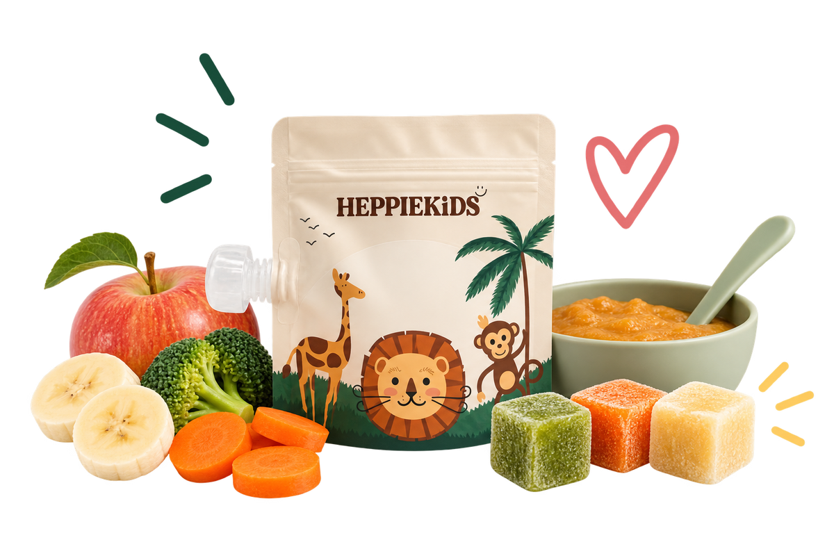 Babyhapjes bewaren en invriezen met een herbruikbaar knijpzakje van Heppiekids